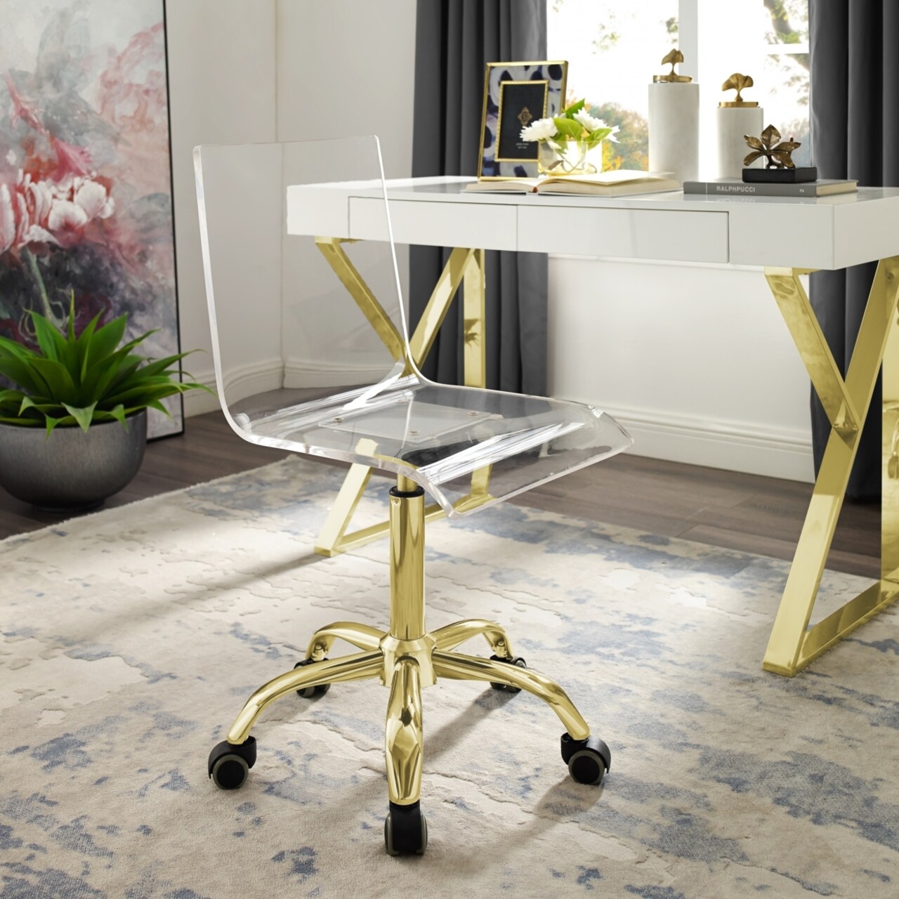 Inspired Home Jerome Clear Acrylic Chair-Metal Base-Caster Legs-Modern Design